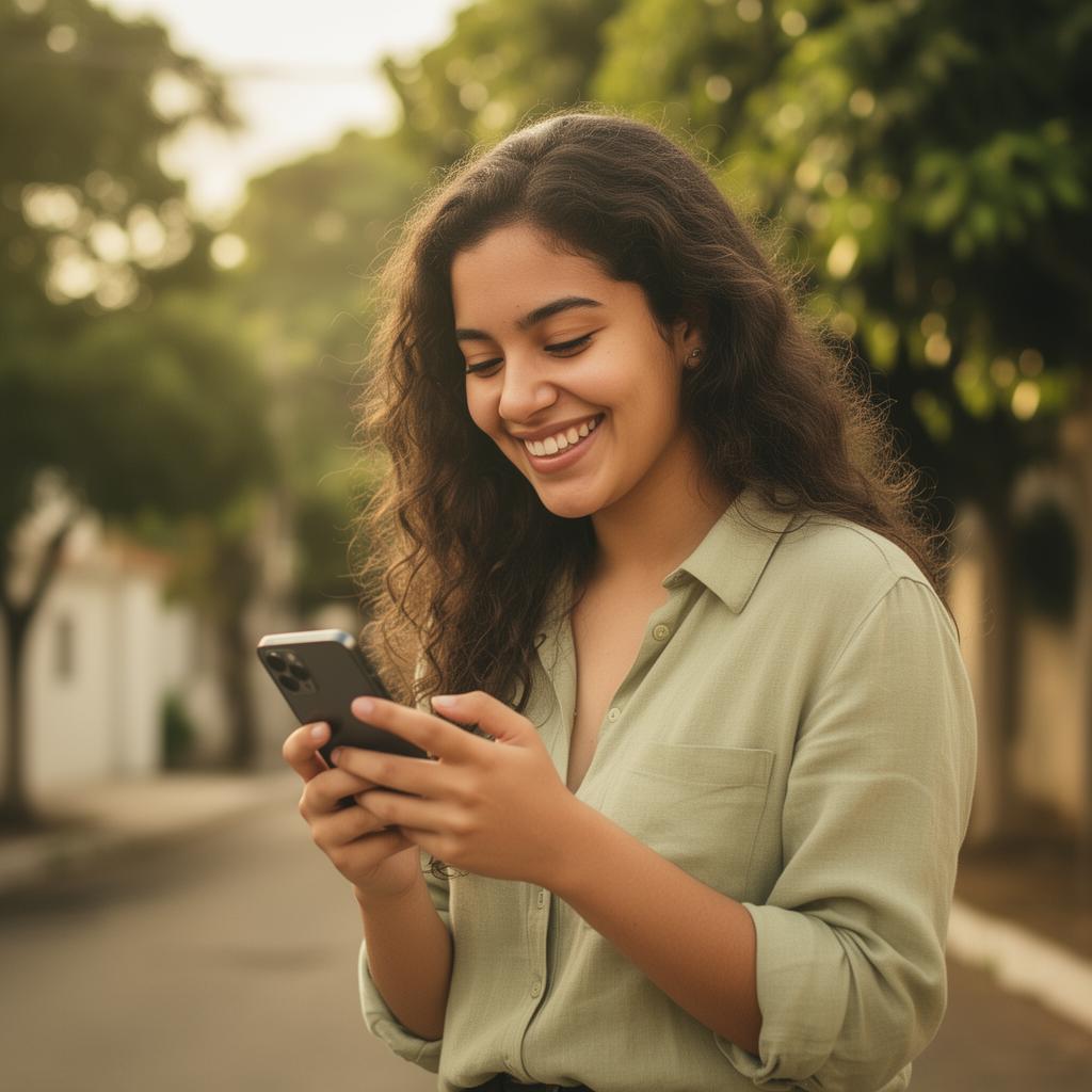 Cliente sorrindo enquanto conversa pelo celular.